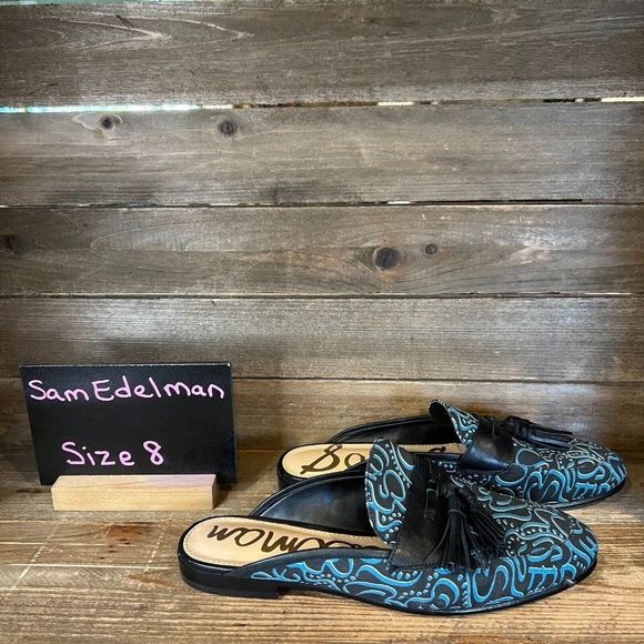 Womens Sam Edelman‎ Paris Black Blue Canvas Tassel Slip On Shoes Mules Size 8 M - Picture 1 of 6